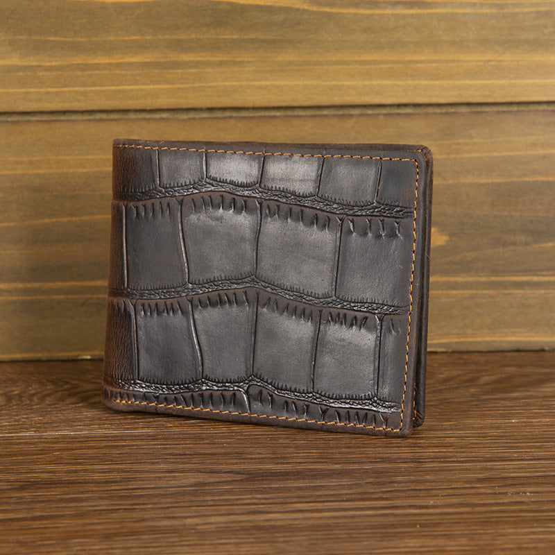 Crazy Horse leather embossed crocodile pattern men's wallet short genuine leather European and American retro wallet horizontal first layer cowhide silver bag by Trenches of Mariana