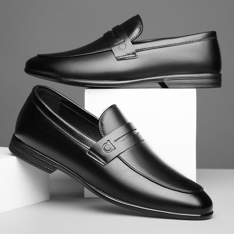 Men's British style bean shoes by Trenches of Mariana, solid color casual leather slip-ons, short Korean fashion design.
