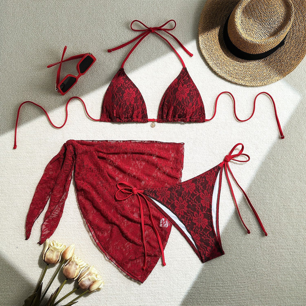 European and American lace bikini swimsuit by Trenches of Mariana featuring a three-piece mesh short skirt and composite fabric design.