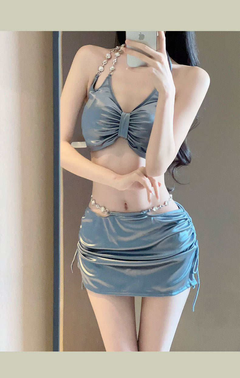 Silver three-piece women's swimsuit set by Trenches of Mariana featuring a sexy bikini style for hot spring vacation fashion.
