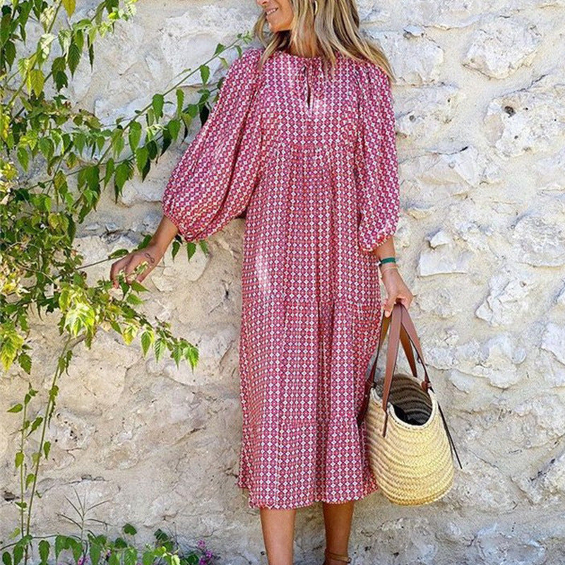 Plus-Size Women's Loose-Fitting Bohemian Round-Neck Lantern-Sleeve Sweet Girl Dress