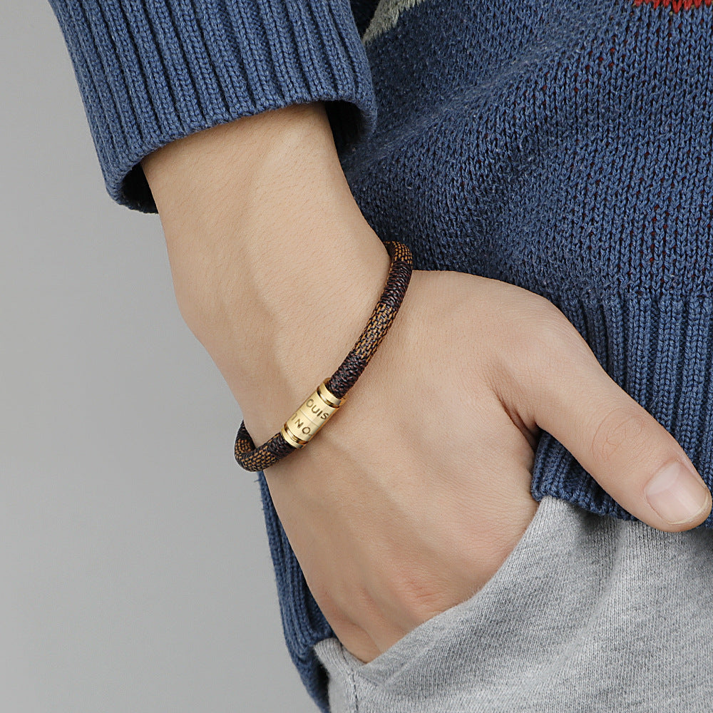Cross-Border E-Commerce European and American Titanium Steel Lettering Old Pattern Cowhide Rope Bracelet Stainless Steel Magnetic Buckle Male and Female Couple Bracelet by Trenches of Mariana