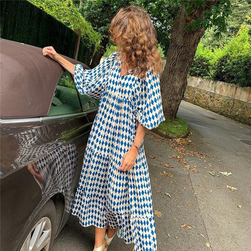 Plus-Size Women's Loose-Fitting Bohemian Round-Neck Lantern-Sleeve Sweet Girl Dress