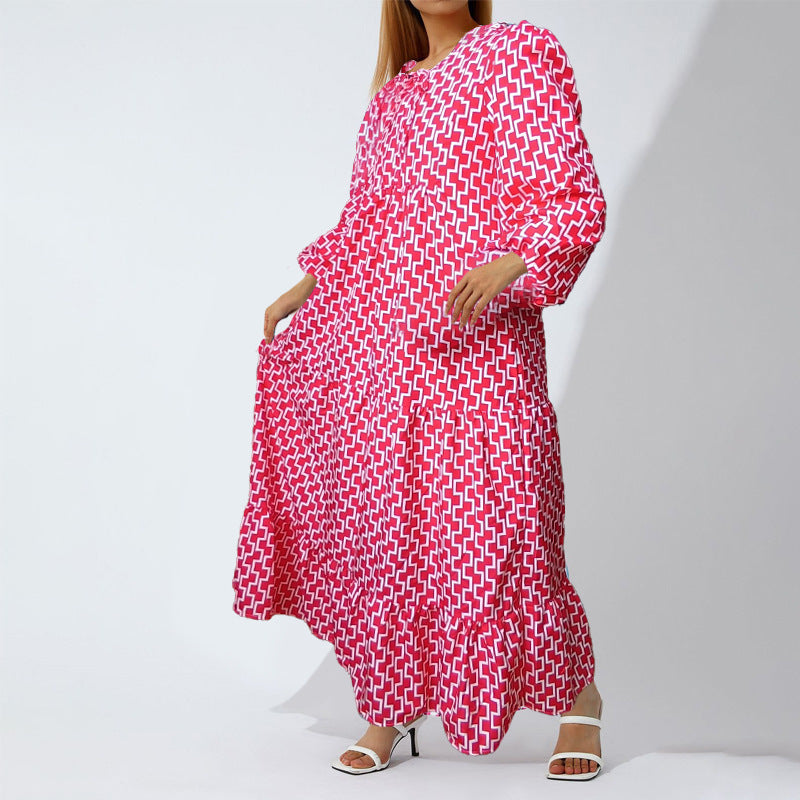 Plus-Size Women's Loose-Fitting Bohemian Round-Neck Lantern-Sleeve Sweet Girl Dress