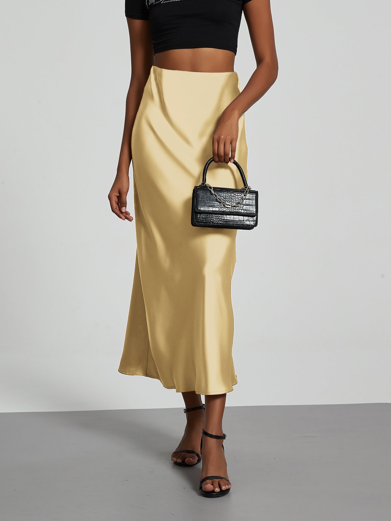 Elegant Satin Midi Skirt Slimming and Flowy