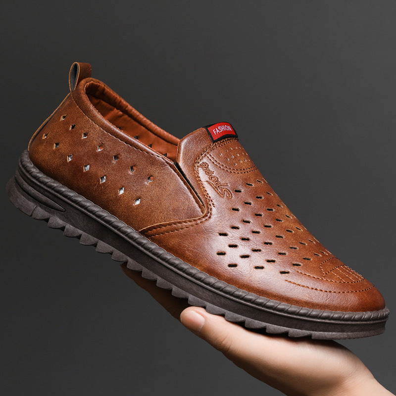 Hollow-Out Leather Shoes for Men, Summer Breathable Soft Leather Low-Top Business Casual Versatile Slip-On Perforated Dad Shoes by Trenches of Mariana