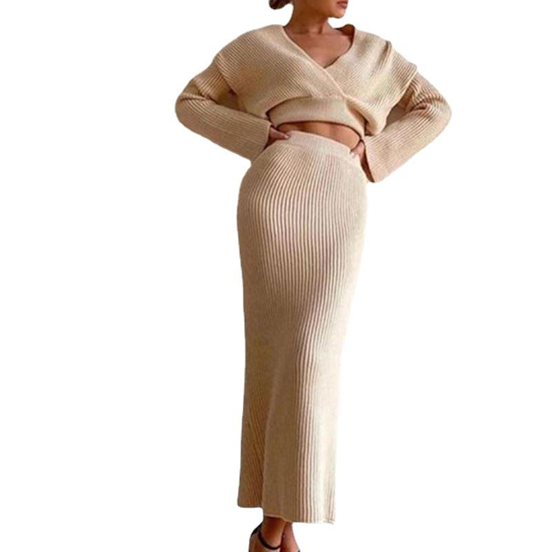 European Long-Sleeved V Neck Casual Three-Quarter Sweater + Mid-Length Skirt for Women Suit