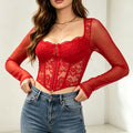 European and American style sexy lace mesh long-sleeved T-shirt with square collar, slim fit, and stretch fabric for women.