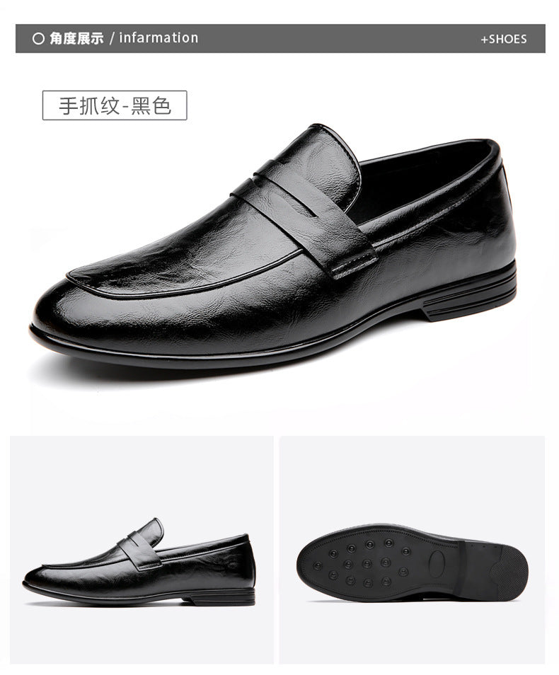 Men's British style bean shoes by Trenches of Mariana, solid color casual leather slip-ons with cowhide for a fashionable look.