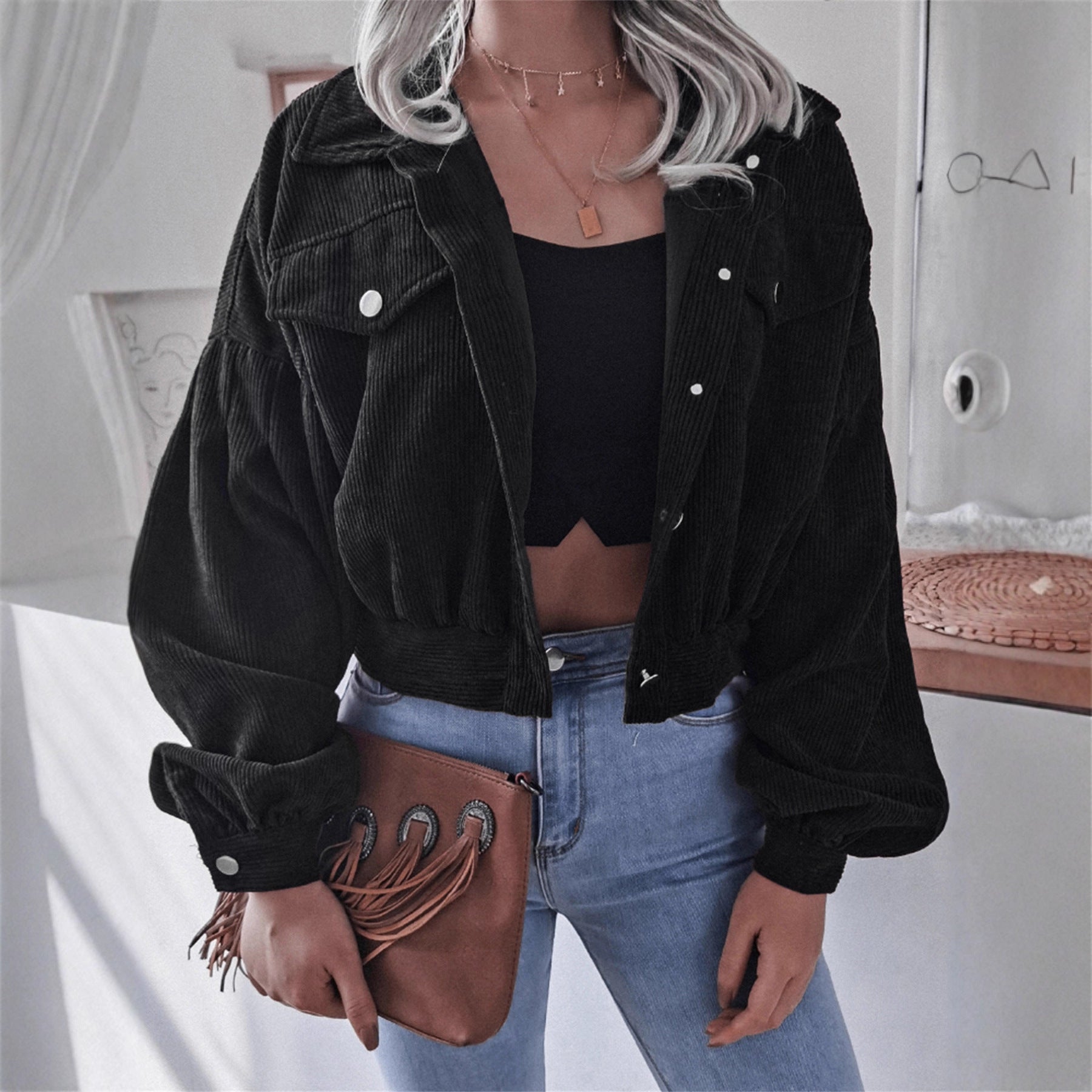 Ins Style Autumn and Winter European and American Lantern Long-Sleeved Corduroy Casual Short Outwear Jacket Amazon Hot Cross-Border Women's Clothing by Trenches of Mariana