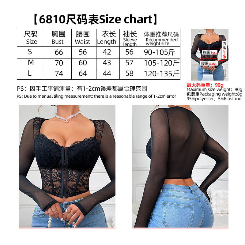 European and American style sexy lace mesh long-sleeved T-shirt with square collar, slim fit, women's fashion by Trenches of Mariana