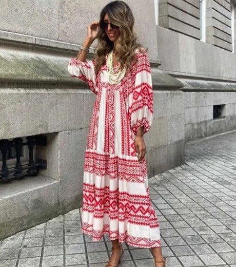 Plus-Size Women's Loose-Fitting Bohemian Round-Neck Lantern-Sleeve Sweet Girl Dress