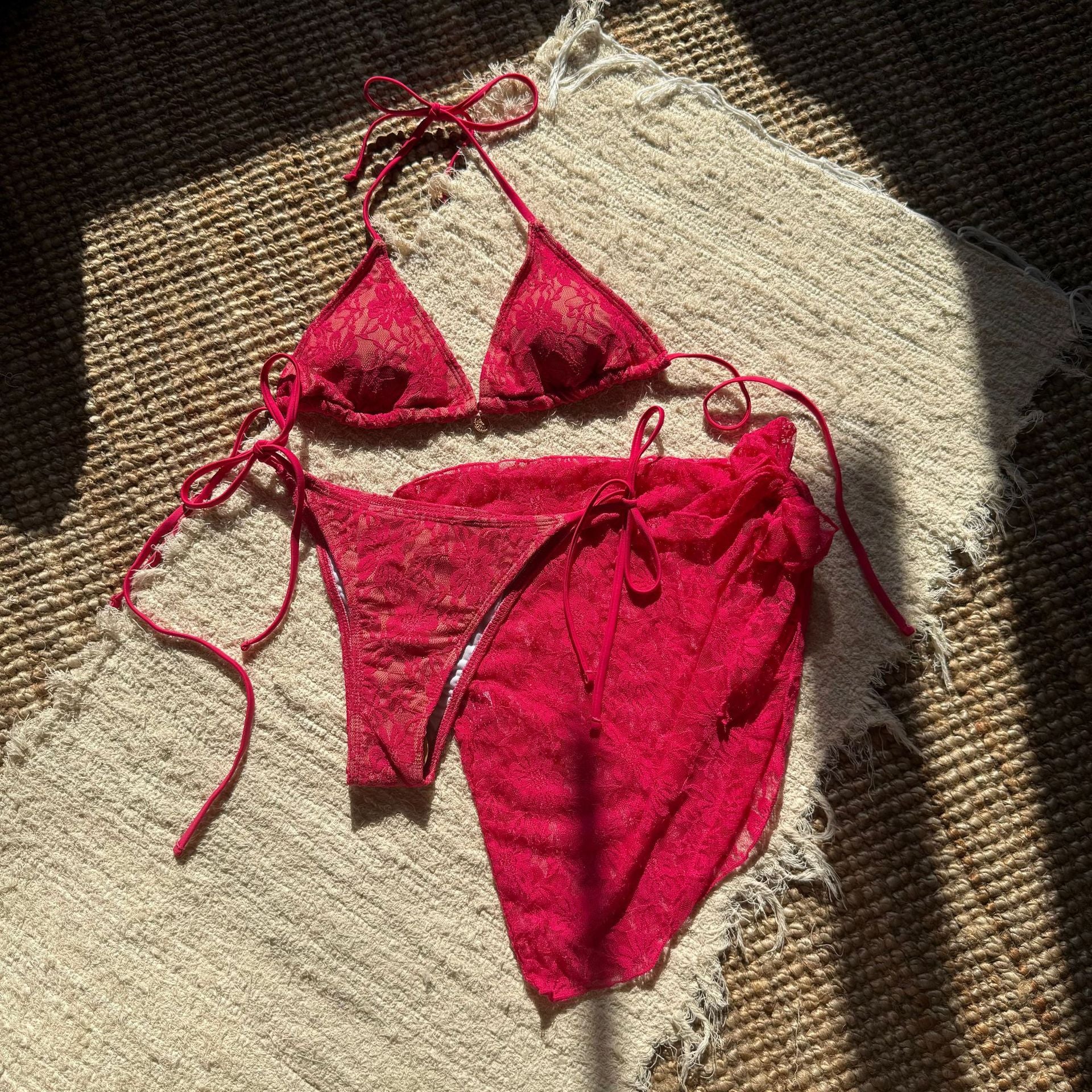 European and American style lace bikini with three-piece mesh short skirt by Trenches of Mariana, featuring a sexy swimwear design.