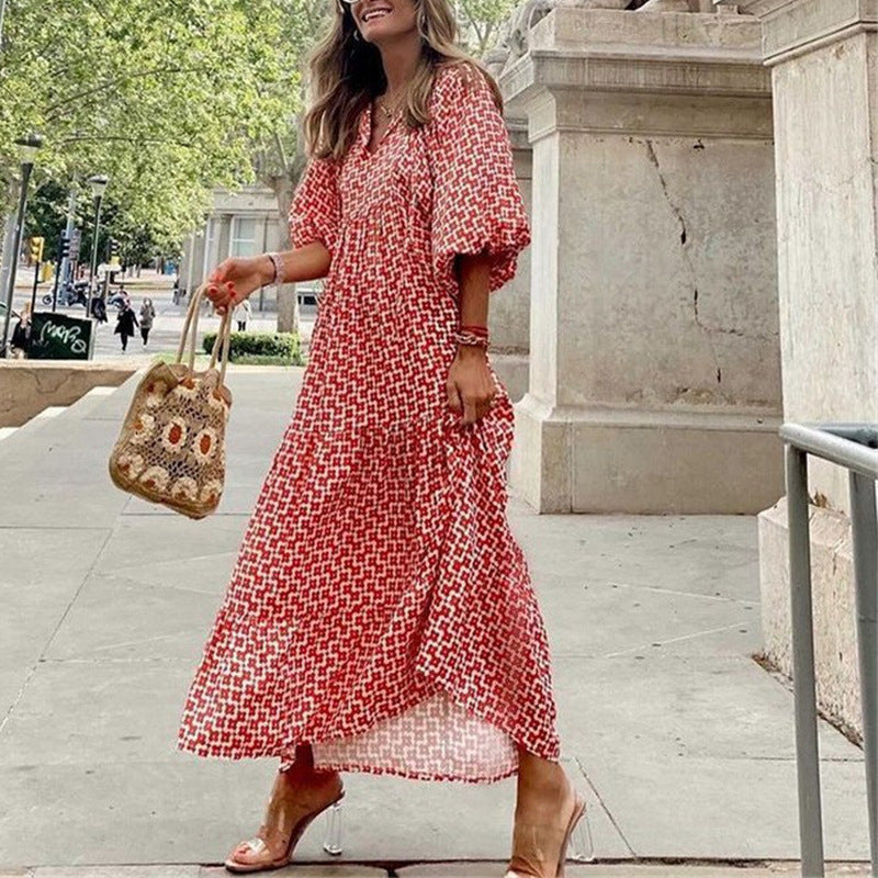 Plus-Size Women's Loose-Fitting Bohemian Round-Neck Lantern-Sleeve Sweet Girl Dress