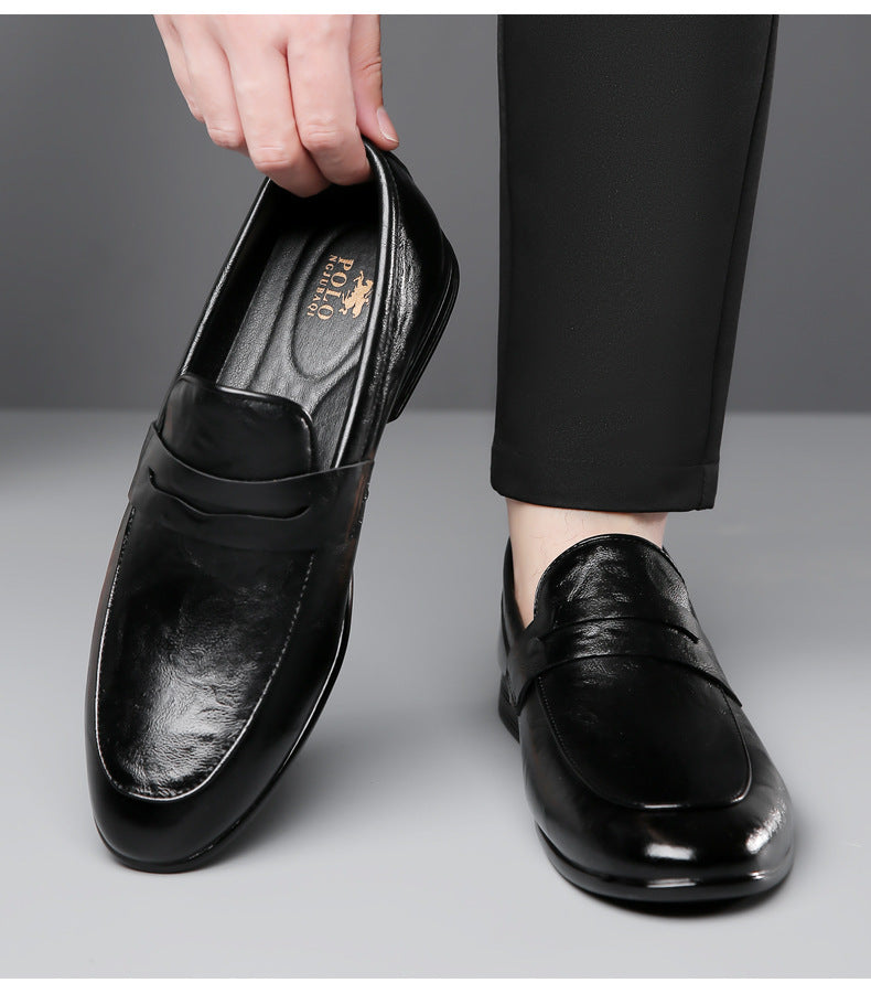Men's British style bean shoes by Trenches of Mariana, solid color casual leather slip-ons with cowhide material and Korean-inspired design.
