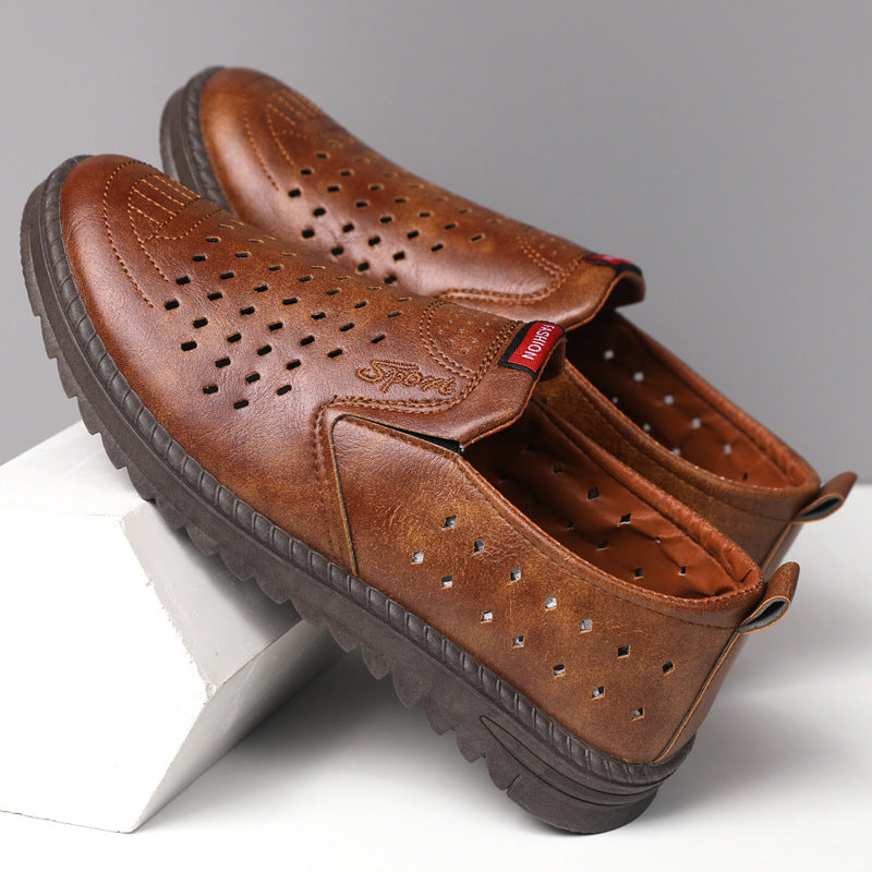 Hollow-Out Leather Shoes for Men, Summer Breathable Soft Leather Low-Top Business Casual Versatile Slip-On Perforated Dad Shoes by Trenches of Mariana