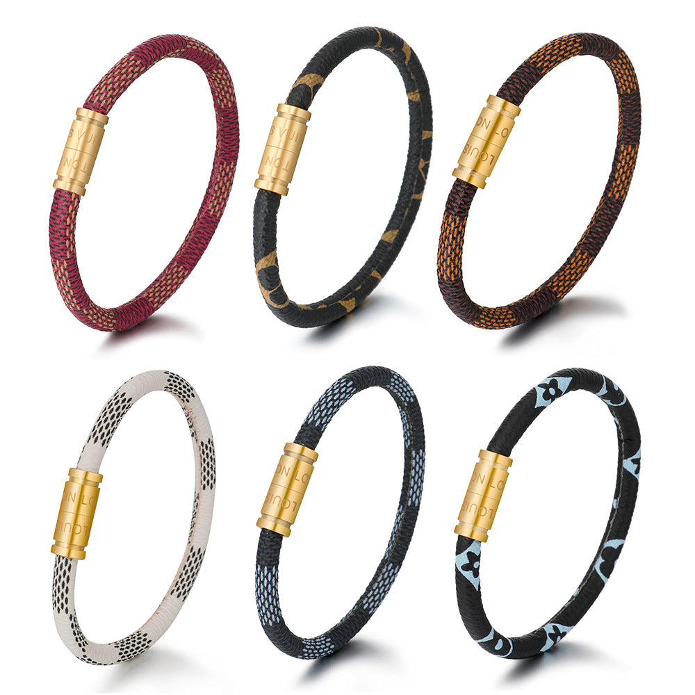 Cross-Border E-Commerce European and American Titanium Steel Lettering Old Pattern Cowhide Rope Bracelet Stainless Steel Magnetic Buckle Male and Female Couple Bracelet by Trenches of Mariana