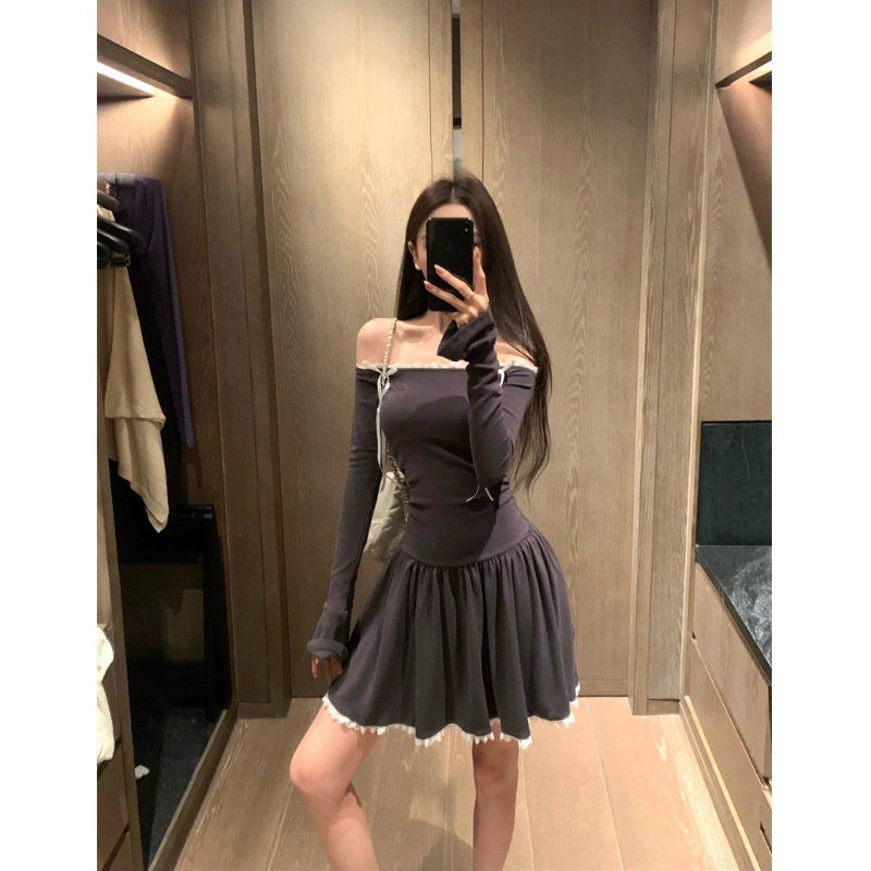 Ballet Style Sexy One-Shoulder Dress for Women Autum Bow Waist A-Line Skirt Elegant Short Skirt by Trenches of Mariana