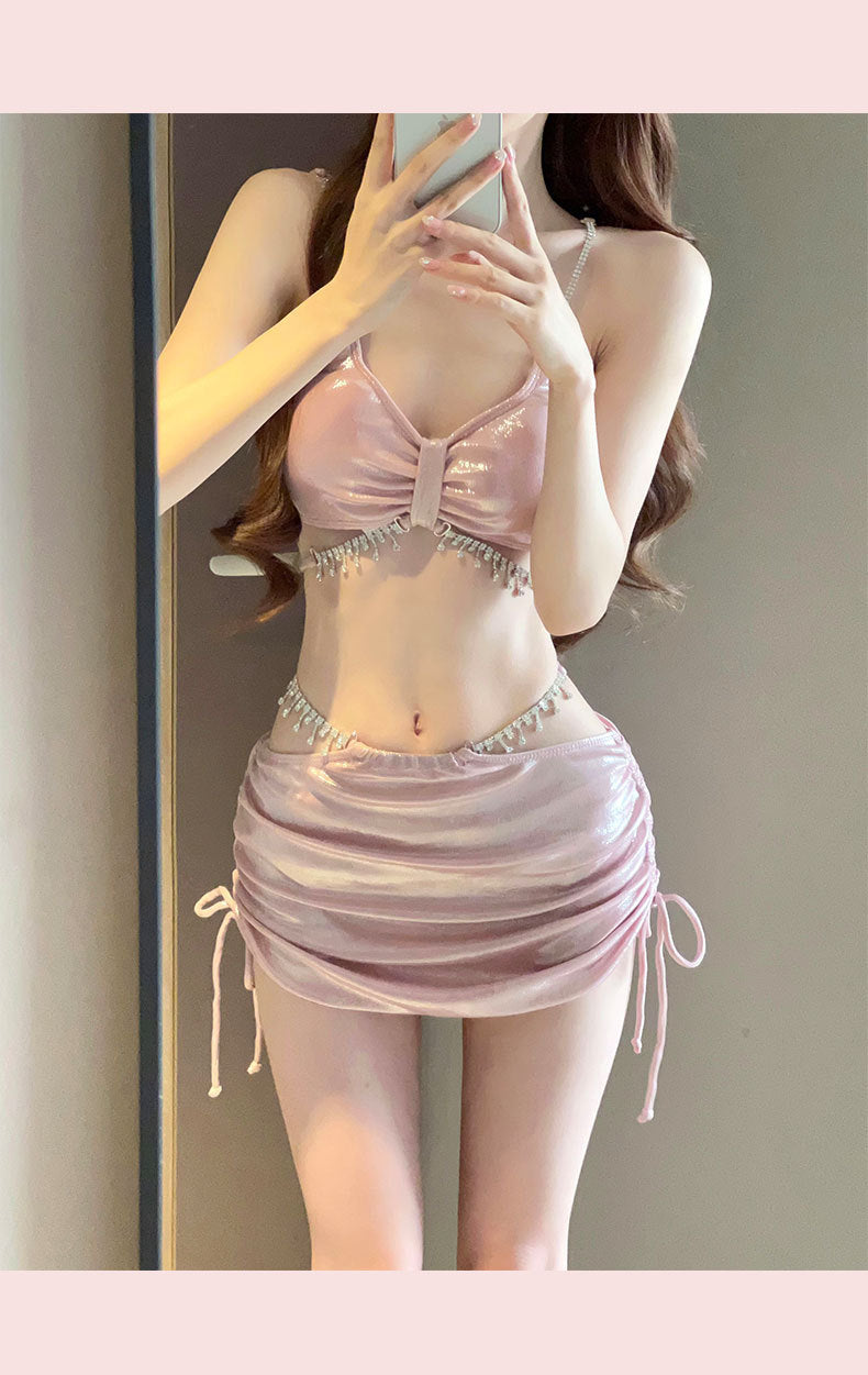 Trenches of Mariana 2025 women's bikini swimsuit three-piece set with rhinestones, high-split design, perfect for seaside and hot spring resorts.