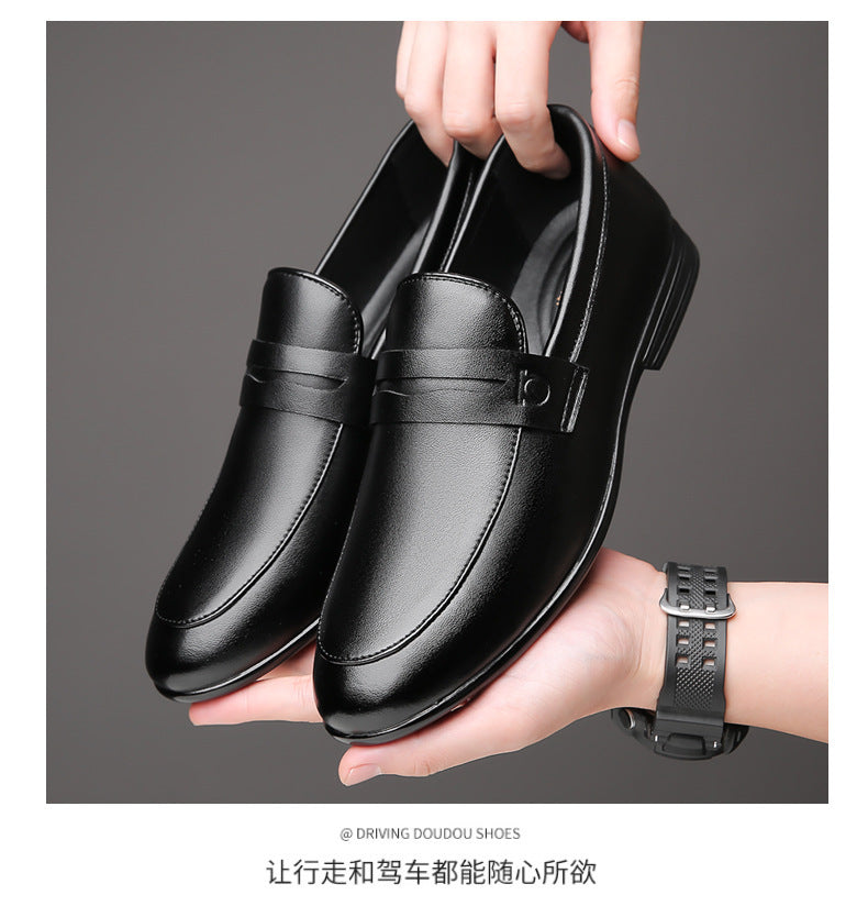 British style men's bean shoes by Trenches of Mariana, solid color casual leather slip-on with cowhide texture and short Korean design.