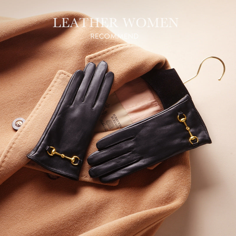 Women's Lambskin Gloves Autumn and Winter fleece-lined Thickened Driving Cycling Cold-proof Warm Touch Screen Hardware Top Layer Sheepskin by Trenches of Mariana