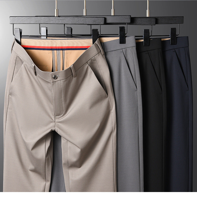 Men's casual trousers by Trenches of Mariana, ice-feel silk commuter pants with straight-leg fit, wrinkle-free summer business attire.
