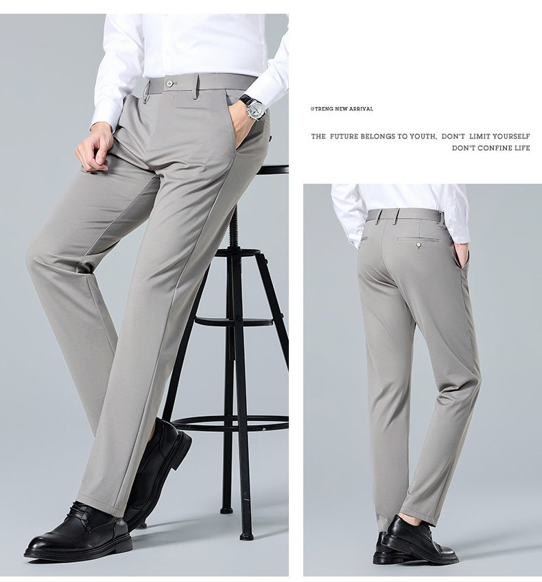 Men's casual trousers by Trenches of Mariana featuring mulberry silk, wrinkle-free straight-leg design, perfect for summer business wear.