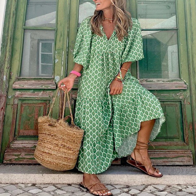 Plus-Size Women's Loose-Fitting Bohemian Round-Neck Lantern-Sleeve Sweet Girl Dress