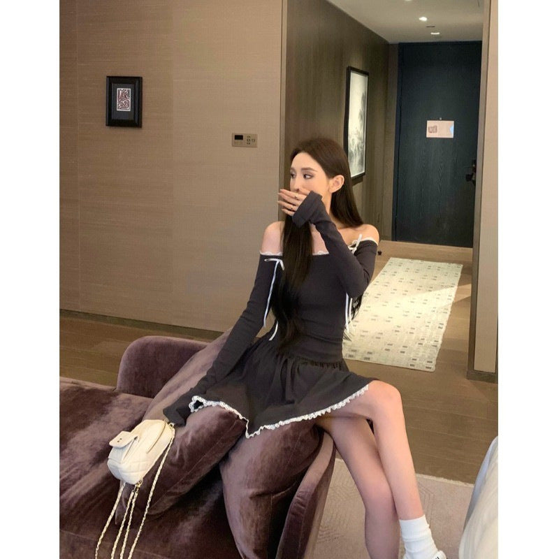Ballet Style Sexy One-Shoulder Dress for Women Autum Bow Waist A-Line Skirt Elegant Short Skirt by Trenches of Mariana