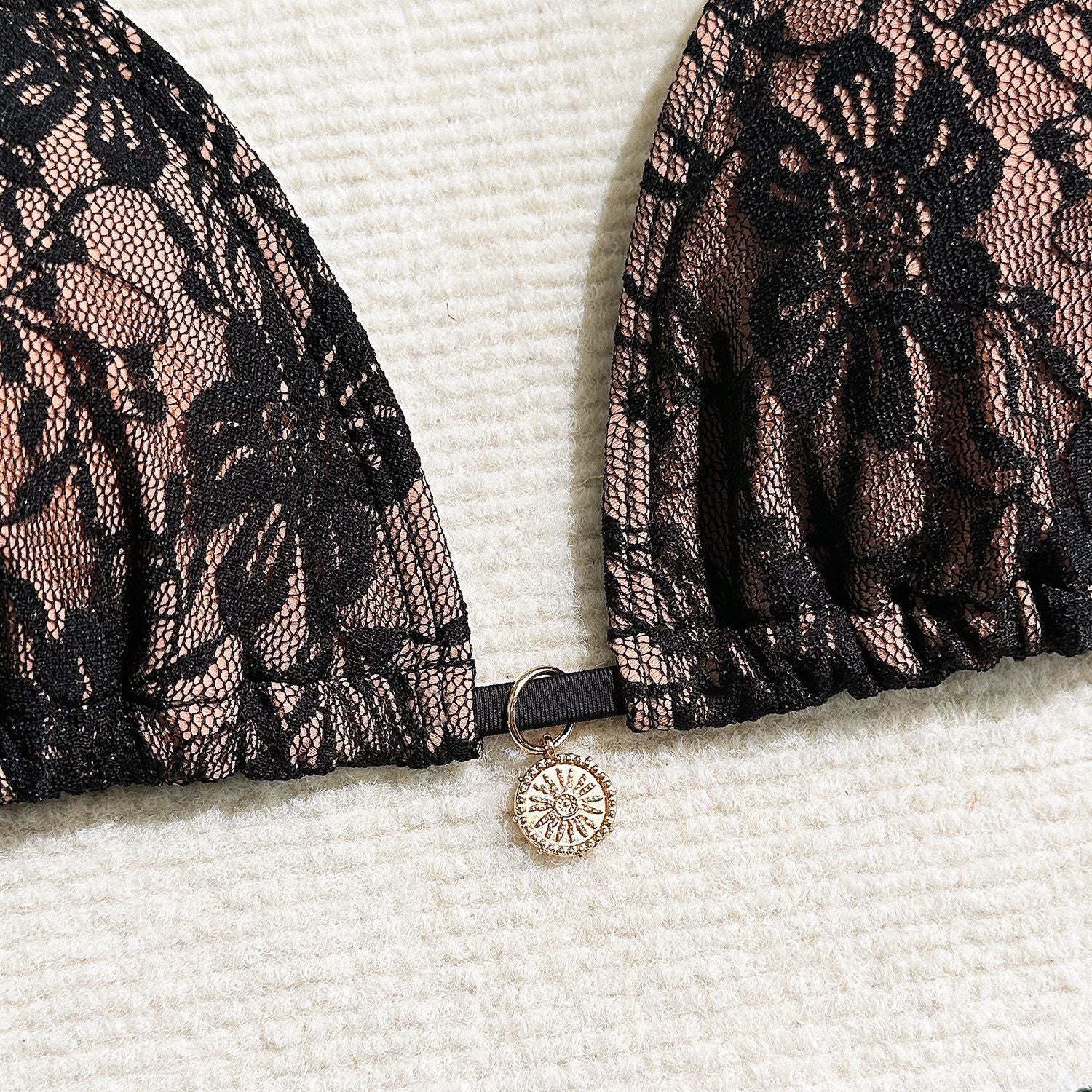 Three-piece lace and mesh bikini swimsuit by Trenches of Mariana featuring a short skirt, European and American style, in vibrant fabric.