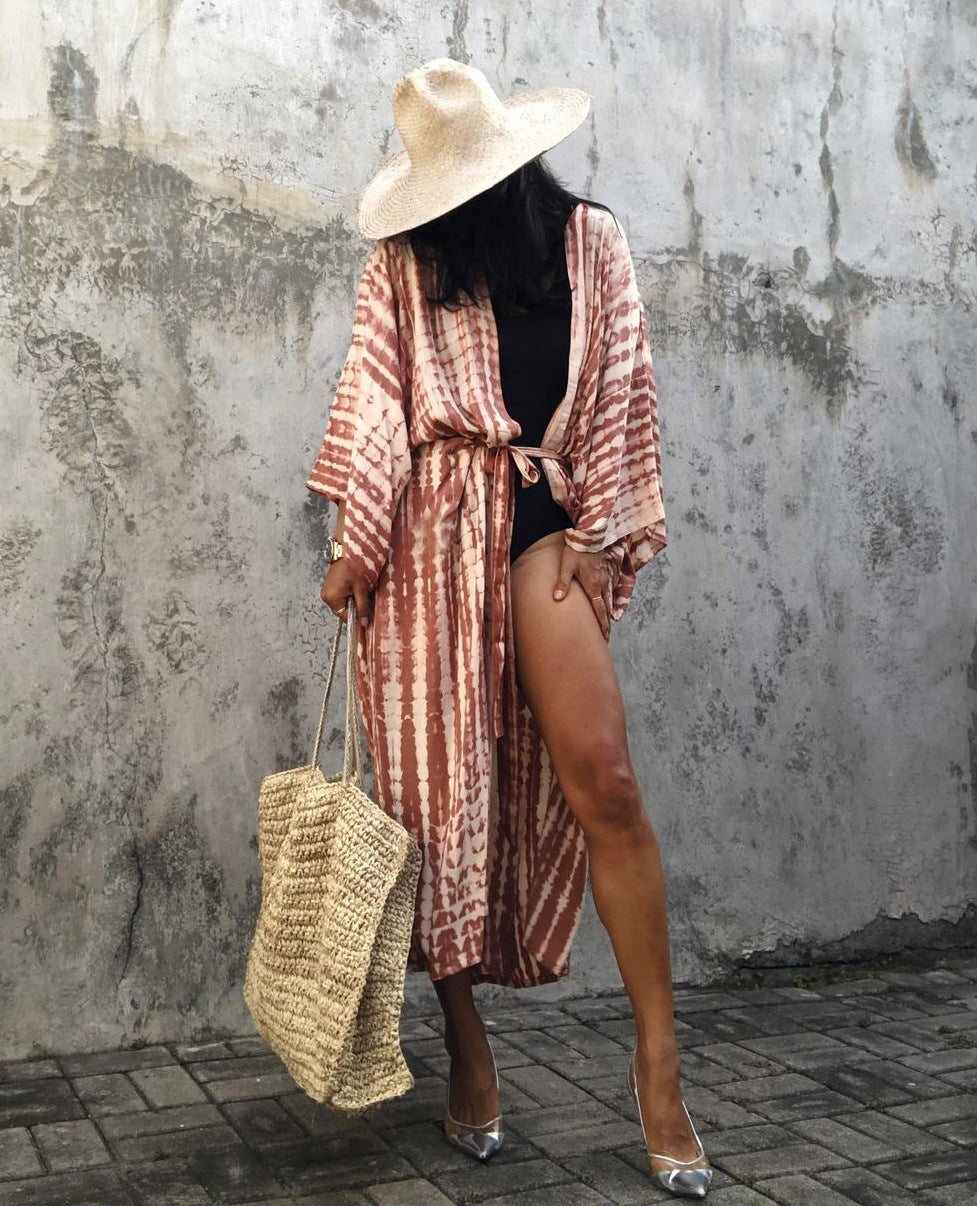 Women's rayon tie-dye beach cover-up by Trenches of Mariana, loose fit with sun protection, perfect for vacation and swimwear.