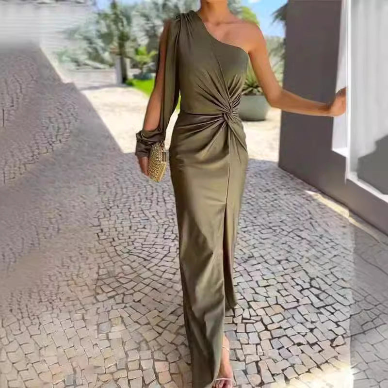 Trenches of Mariana women's slim fit summer dress with shoulder knot, split design, solid color, and inclined shoulder style.