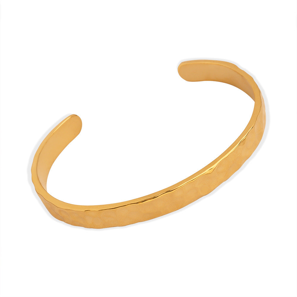 Hammered Texture Design Titanium Steel Gold-Plated Open Bracelet