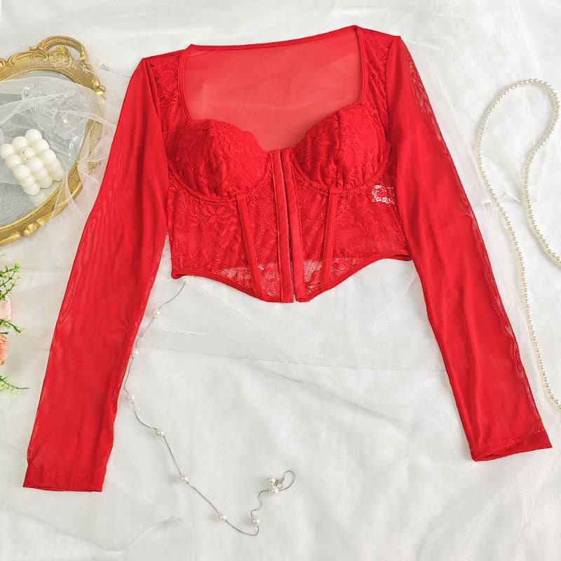 European and American style sexy lace mesh long-sleeved T-shirt with square collar, slim-fit top for women by Trenches of Mariana.