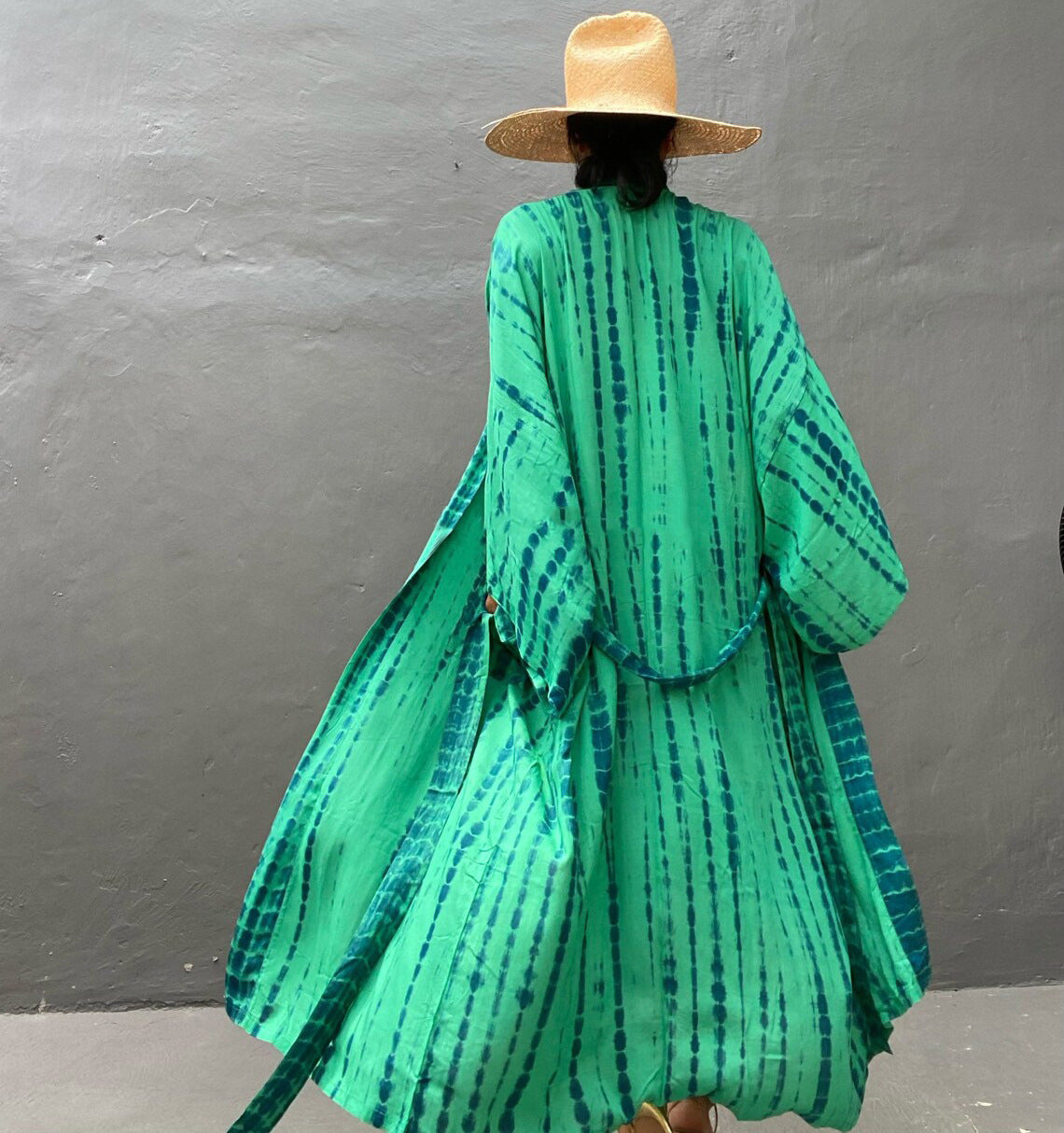Colorful rayon tie-dye beach cover-up by Trenches of Mariana, loose fit, perfect for sun protection and vacation casual wear.