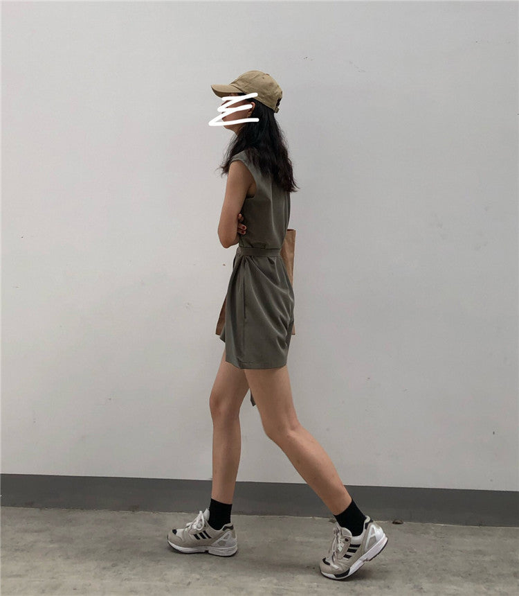 Casual female streetwear jumpsuit by Trenches of Mariana, loose fit, Hong Kong style, two-piece sportswear for students and casual wear.