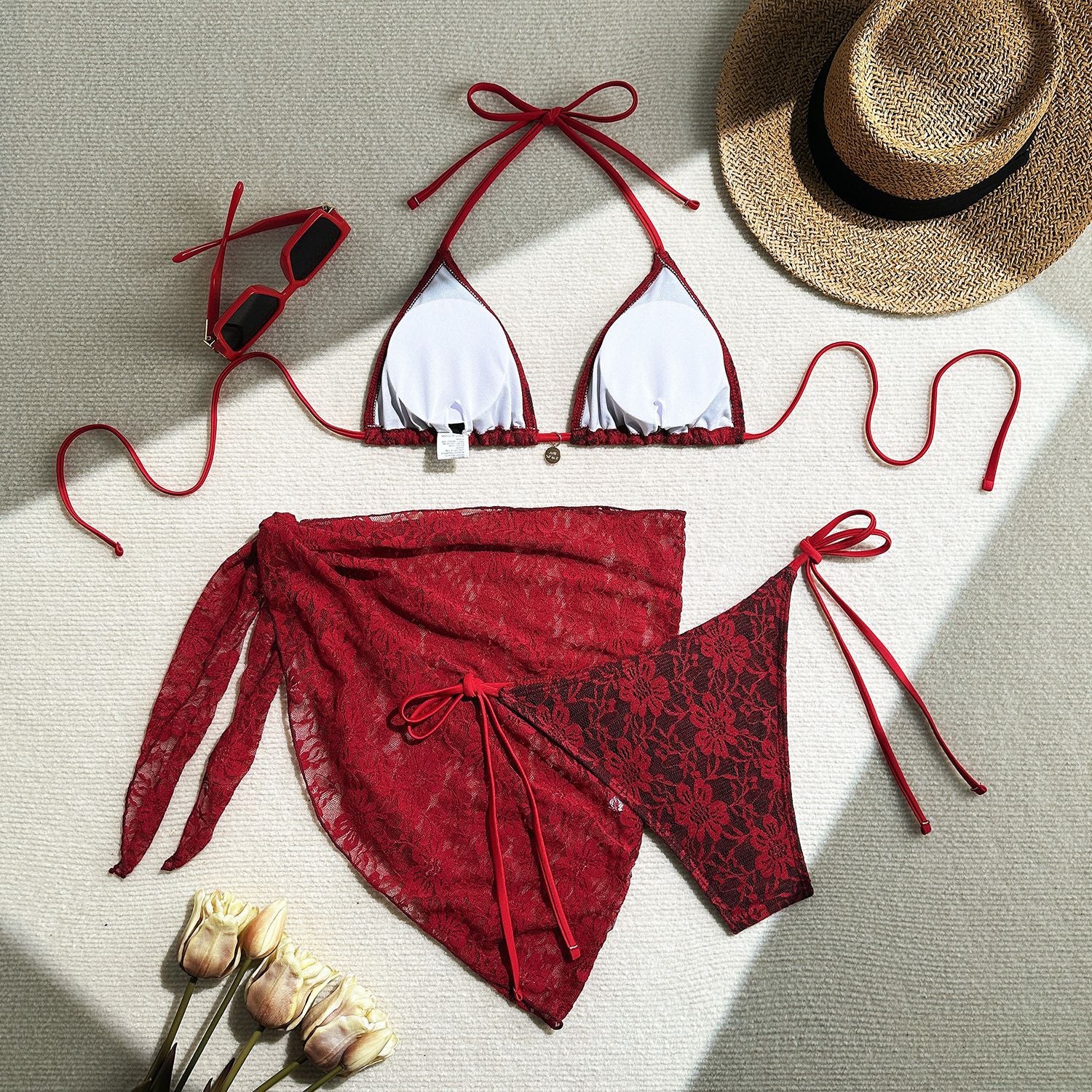 Trenches of Mariana 2025 European and American sexy lace mesh three-piece bikini swimsuit with short skirt design.
