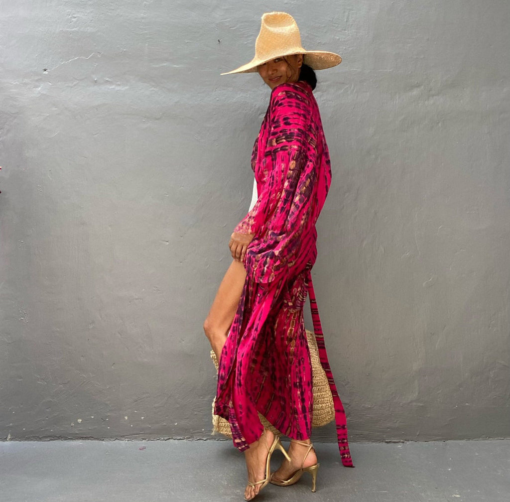 Trenches of Mariana rayon tie-dye beach cover-up for women, lightweight, loose fit, ideal for sun protection and vacation wear.