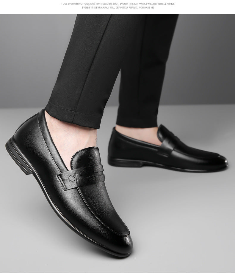 Men's British style bean shoes by Trenches of Mariana, solid color casual leather slip-ons with cowhide material and short Korean design.