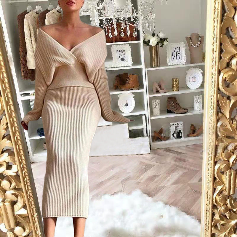European Long-Sleeved V Neck Casual Three-Quarter Sweater + Mid-Length Skirt for Women Suit