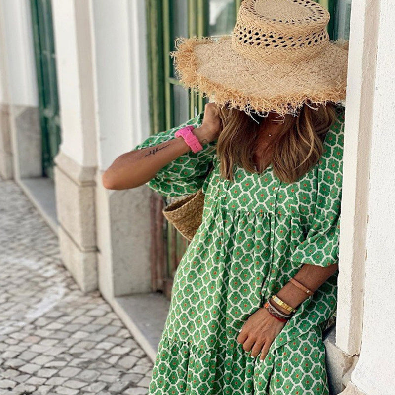 Plus-Size Women's Loose-Fitting Bohemian Round-Neck Lantern-Sleeve Sweet Girl Dress