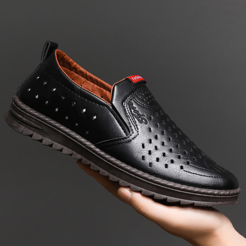 Hollow-Out Leather Shoes for Men, Summer Breathable Soft Leather Low-Top Business Casual Versatile Slip-On Perforated Dad Shoes by Trenches of Mariana