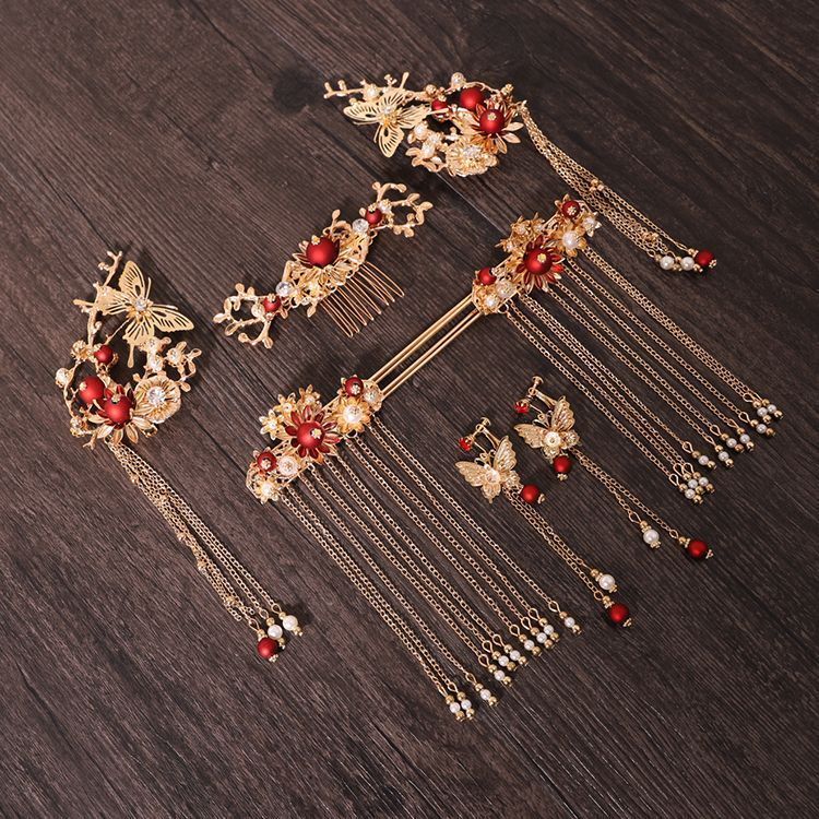 Chinese style hanfu bridal hair accessories suit tassel dragon and phoenix gown ancient style hair accessories wedding Red ancient costume Xiuhe headdress by Trenches of Mariana