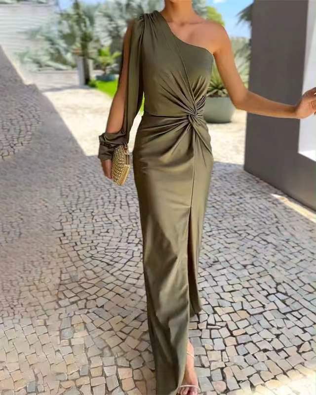 Trenches of Mariana summer slim fit dress with inclined shoulder knot, solid color, split design, in stock for cross-border sale.