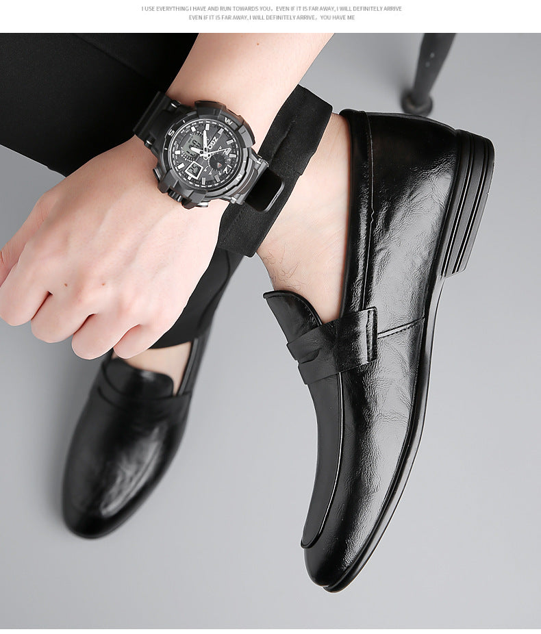 Men's casual leather bean shoes by Trenches of Mariana, solid color slip-on footwear with a fashionable British and Korean style design.