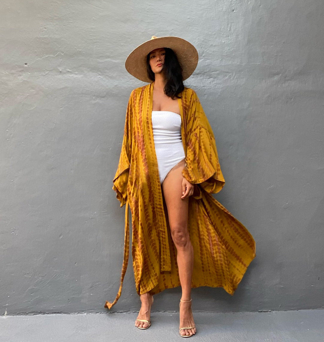 Trenches of Mariana women's rayon tie-dye beach cover-up with sun protection, loose fit, ideal for swimwear and vacation wear.
