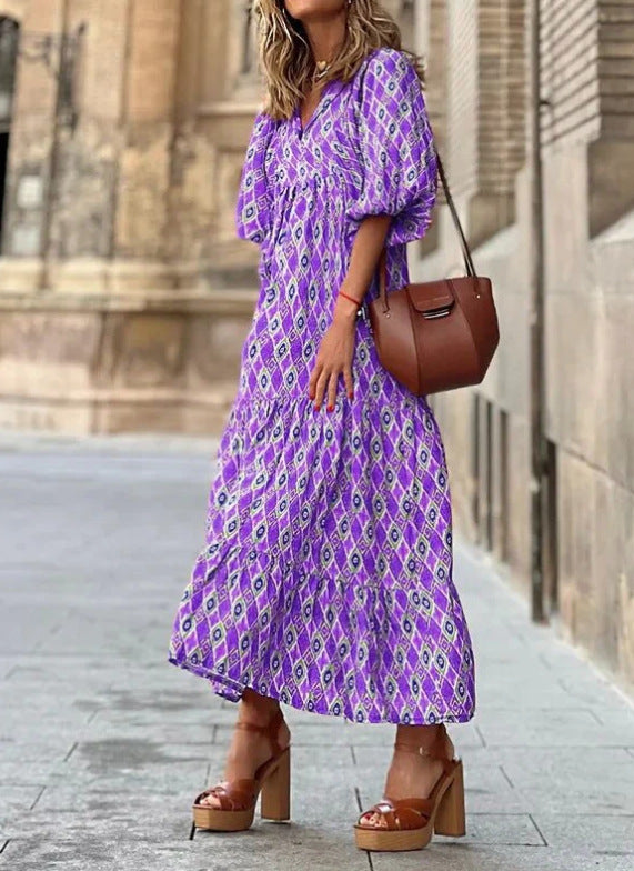 Plus-Size Women's Loose-Fitting Bohemian Round-Neck Lantern-Sleeve Sweet Girl Dress