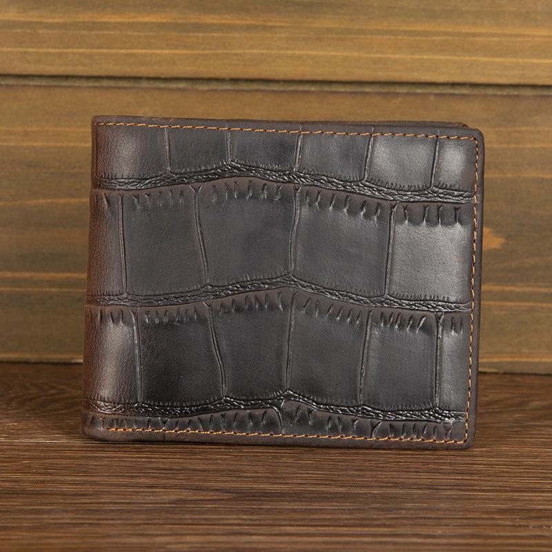 Crazy Horse leather embossed crocodile pattern men's wallet short genuine leather European and American retro wallet horizontal first layer cowhide silver bag by Trenches of Mariana