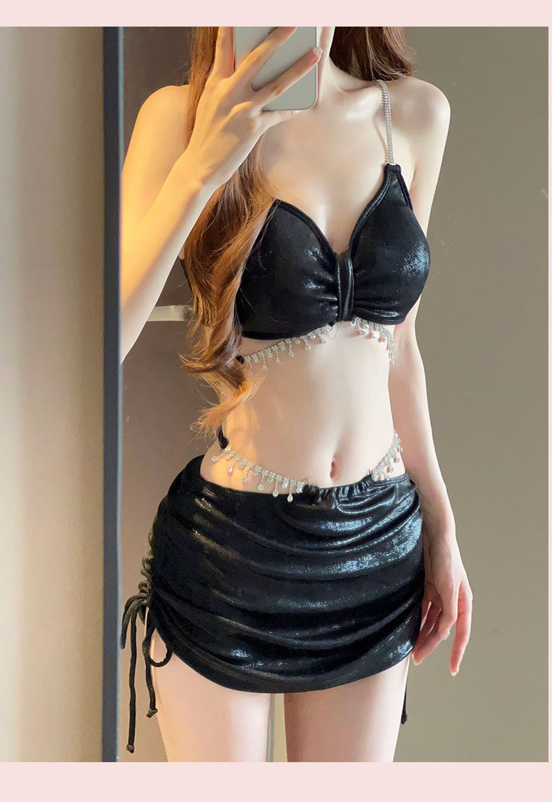 Trenches of Mariana 2025 three-piece bikini swimsuit with rhinestones, high-end design, suitable for seaside, resort, or hot spring.