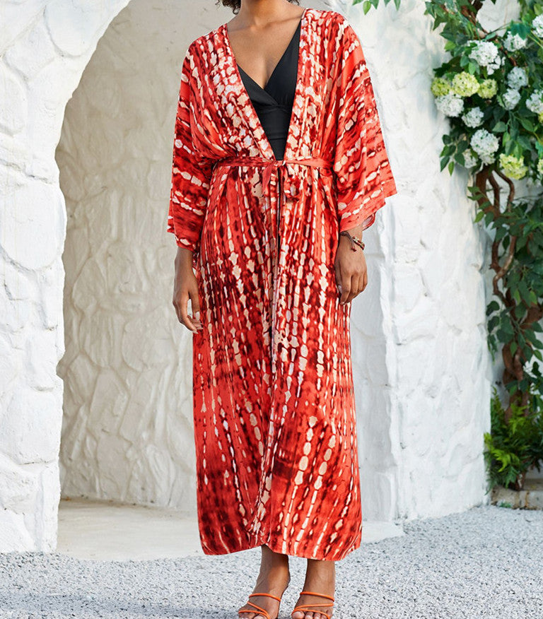Trenches of Mariana rayon tie-dye beach cover-up with sun protection, loose fit, ideal for women's vacation and swimwear.